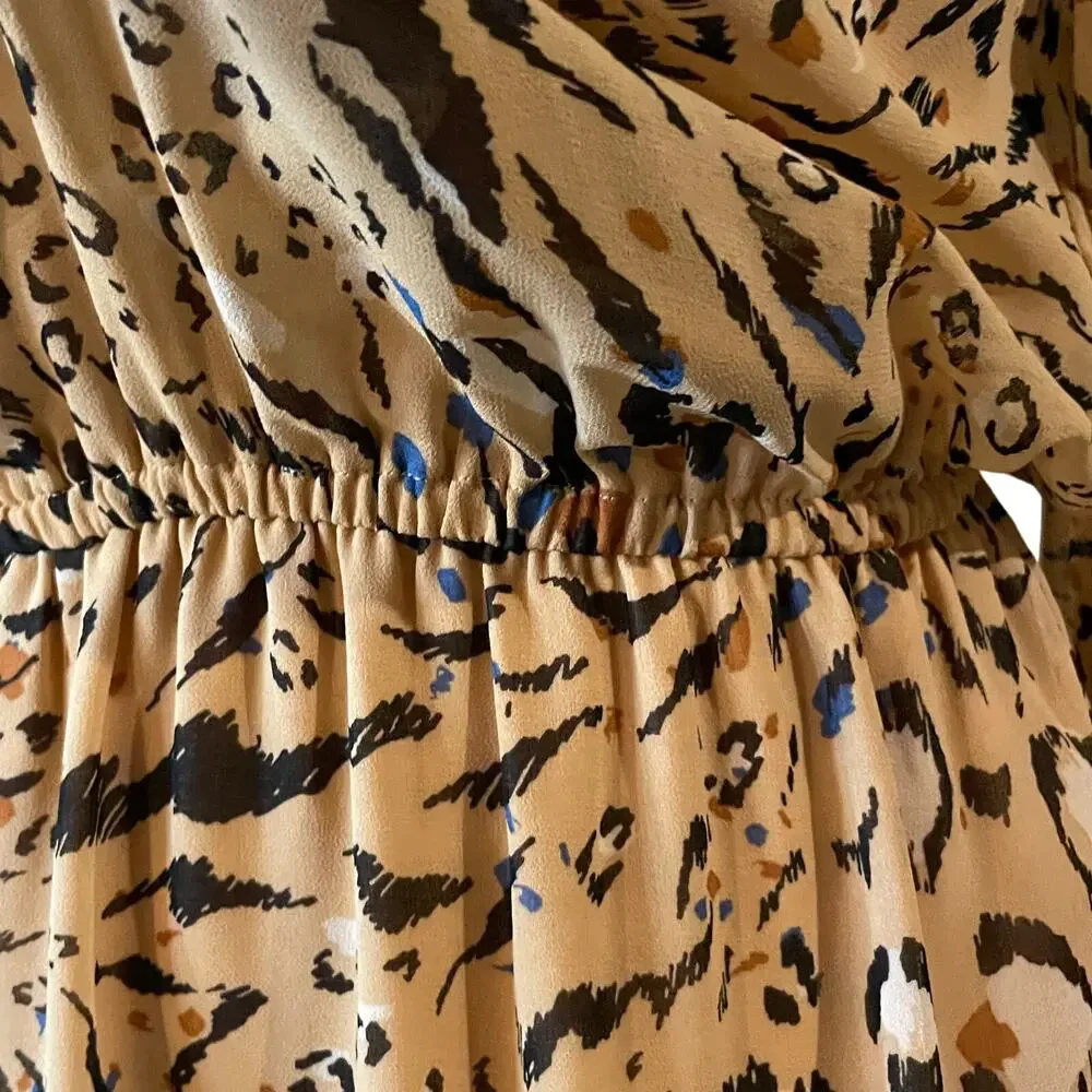 White House Black Market Long Sleeve Beige Animal Print Blouson Dress - Picture 6 of 16